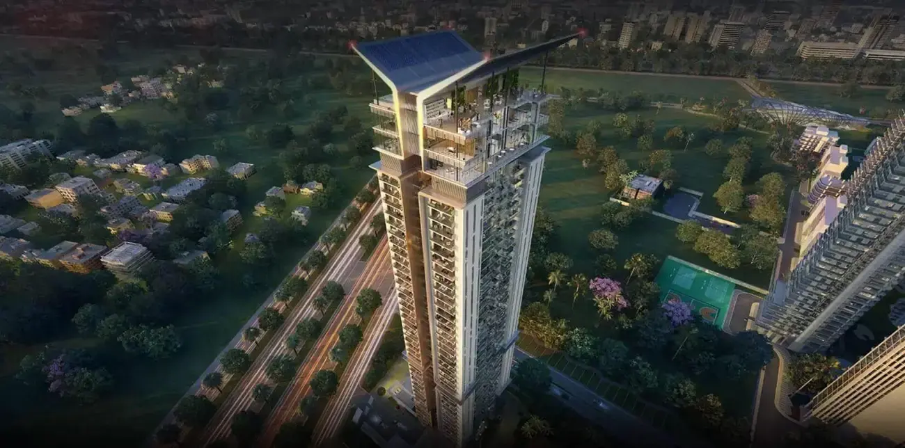 Aerial view of a contemporary luxury residential tower