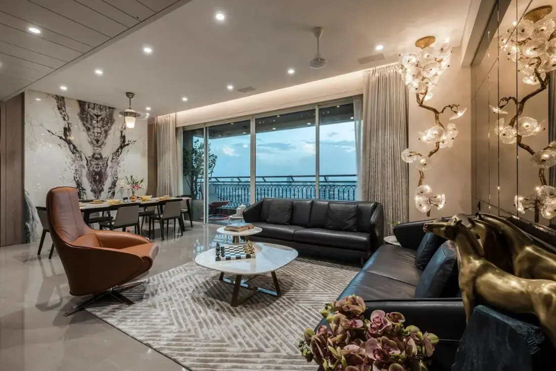 Luxury apartment living room with panoramic city view